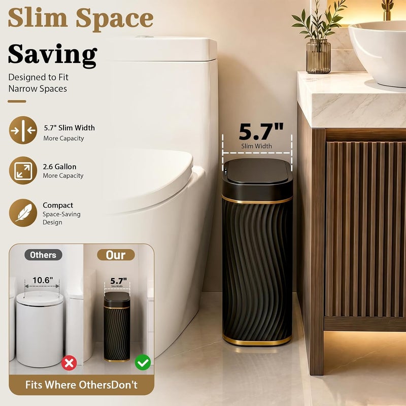 steo spce Bathroom Small Trash Can with Automatic Touchless Lid, 2.6 Gallon Smart Garbage Can Narrow Waterproof Trash Bin for Bedroom, Office, Living Room-Glod Black - Image 3