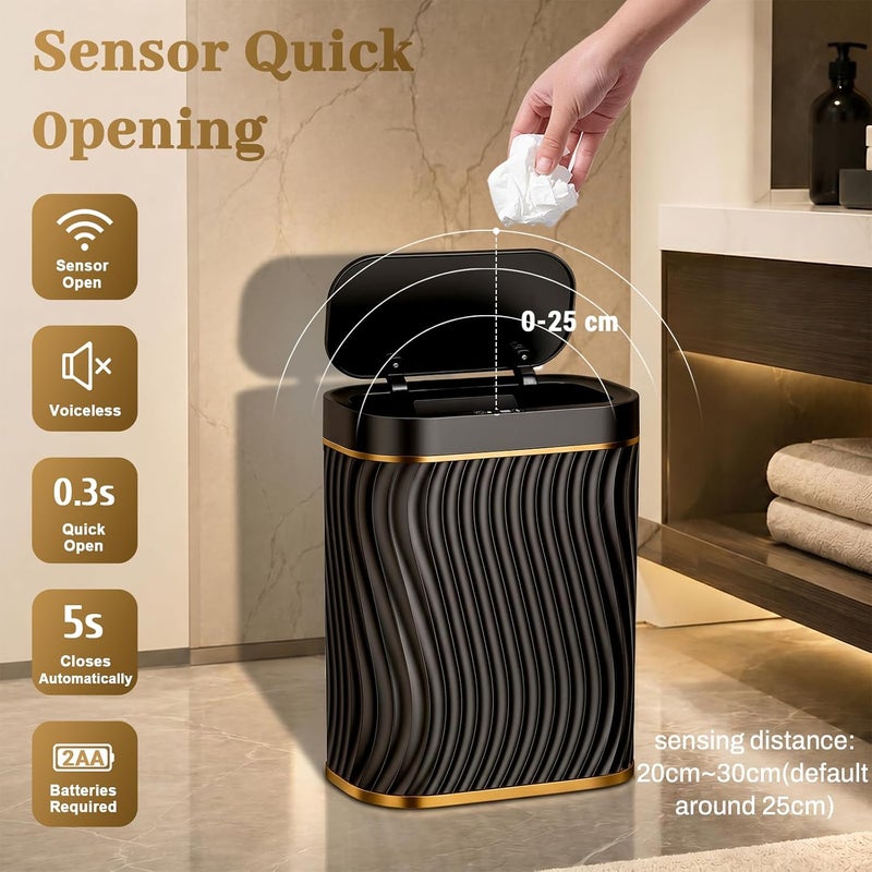 steo spce Bathroom Small Trash Can with Automatic Touchless Lid, 2.6 Gallon Smart Garbage Can Narrow Waterproof Trash Bin for Bedroom, Office, Living Room-Glod Black - Image 2