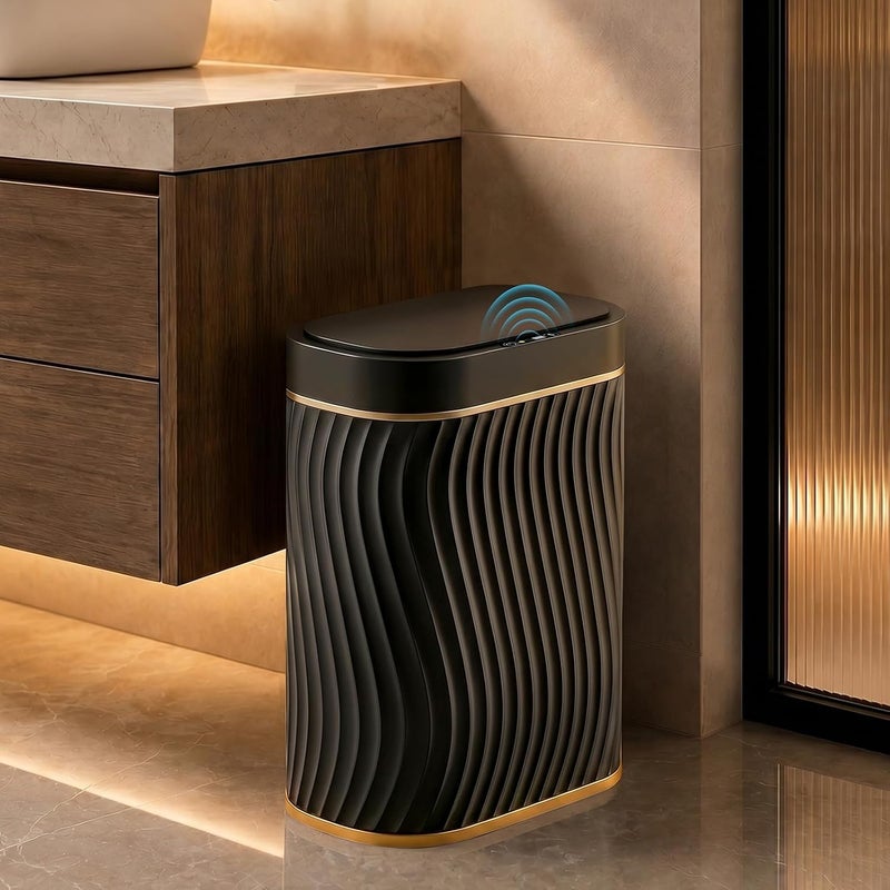 steo spce Bathroom Small Trash Can with Automatic Touchless Lid, 2.6 Gallon Smart Garbage Can Narrow Waterproof Trash Bin for Bedroom, Office, Living Room-Glod Black - Image 1