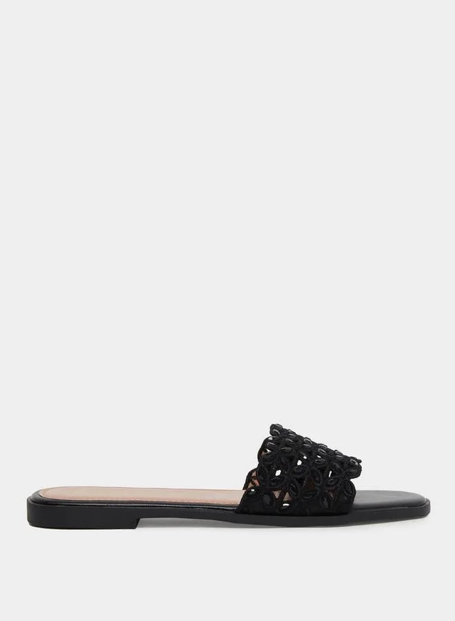 Black Embellished Flat Sandals