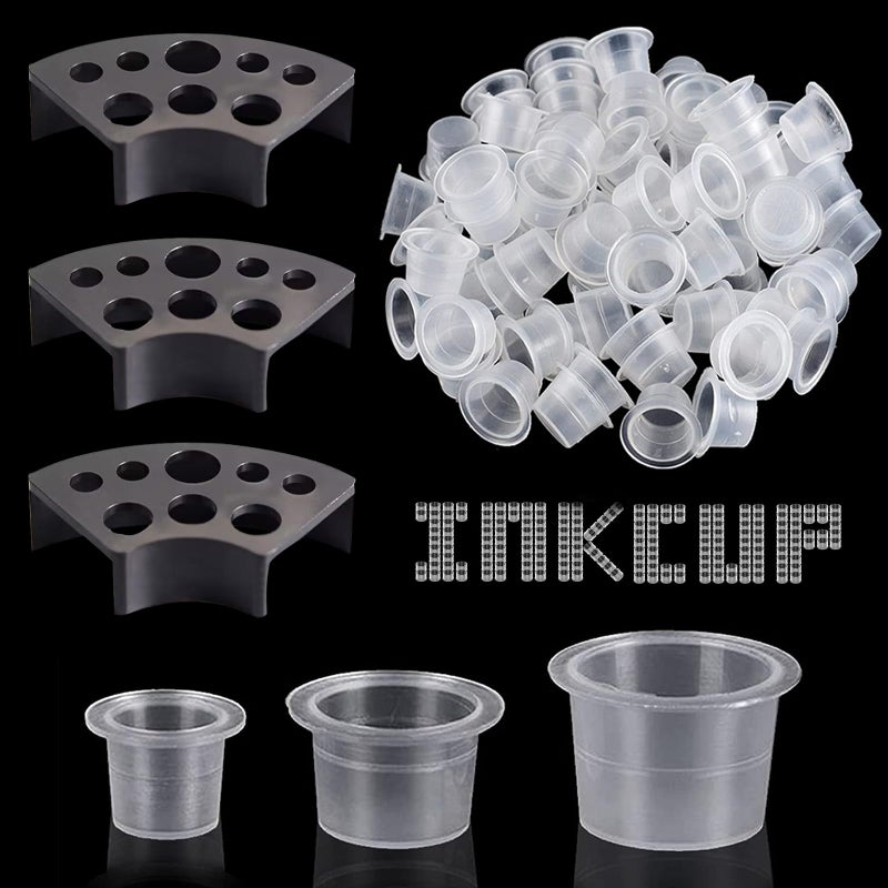 WZPB Tattoo Ink Caps with Cup Holder - 300 Mixed Size Tattoo Ink Cups 100 Small 100 Medium 100 Large with 3 Black Tattoo Ink Cap Holders Permanent Makeup Container for Tattoo Ink Tattoo Supplies - Image 1