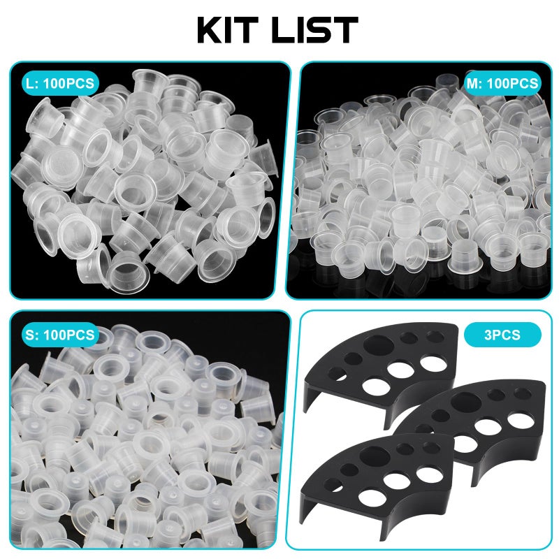 WZPB Tattoo Ink Caps with Cup Holder - 300 Mixed Size Tattoo Ink Cups 100 Small 100 Medium 100 Large with 3 Black Tattoo Ink Cap Holders Permanent Makeup Container for Tattoo Ink Tattoo Supplies - Image 3