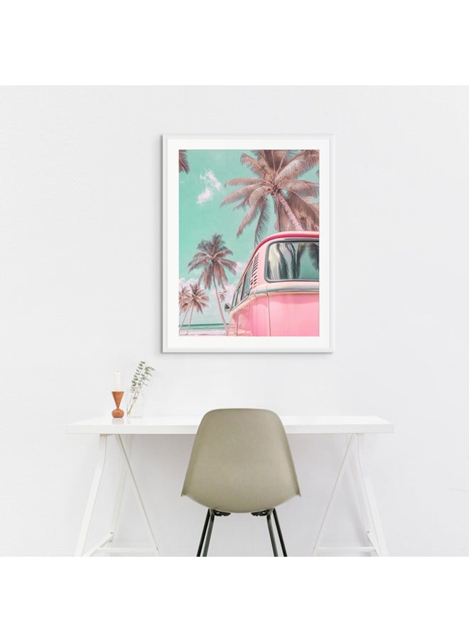 Art Decor - Art Decor Framed Fine Art Pink Vintage Van Portrait Beach with Palm Trees Pastel Aesthetic Coastal Print with Matt Board Wall Décor for Living Room Bedroom Home Office Hotel Gifting - Image 1