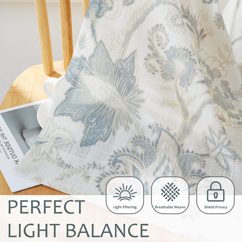 Kayne Studio Pinch Pleated Jacobean Floral Light Filtering Window Curtains Boho Botanical Leaf Printed Vintage Farmhouse Blue Grey Back Tab Window Treatment Set Living Room Bedroom,40"x84",2 Panels - Image 4