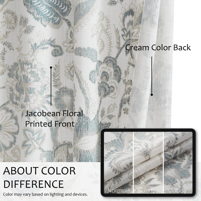 Kayne Studio Pinch Pleated Jacobean Floral Light Filtering Window Curtains Boho Botanical Leaf Printed Vintage Farmhouse Blue Grey Back Tab Window Treatment Set Living Room Bedroom,40"x84",2 Panels - Image 5