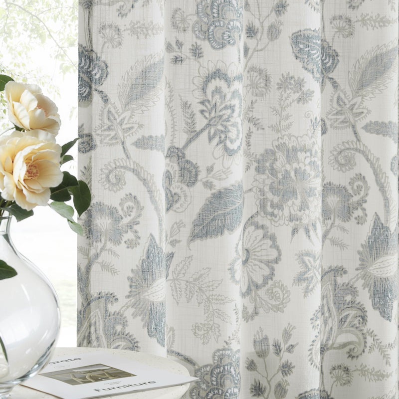 Kayne Studio Pinch Pleated Jacobean Floral Light Filtering Window Curtains Boho Botanical Leaf Printed Vintage Farmhouse Blue Grey Back Tab Window Treatment Set Living Room Bedroom,40"x84",2 Panels - Image 1