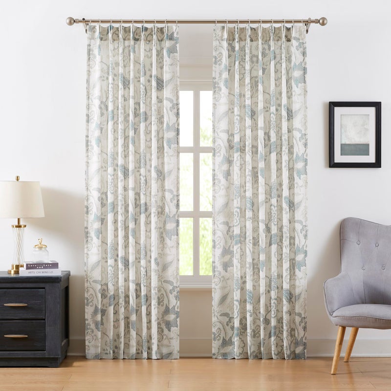Kayne Studio Pinch Pleated Jacobean Floral Light Filtering Window Curtains Boho Botanical Leaf Printed Vintage Farmhouse Blue Grey Back Tab Window Treatment Set Living Room Bedroom,40"x84",2 Panels - Image 2