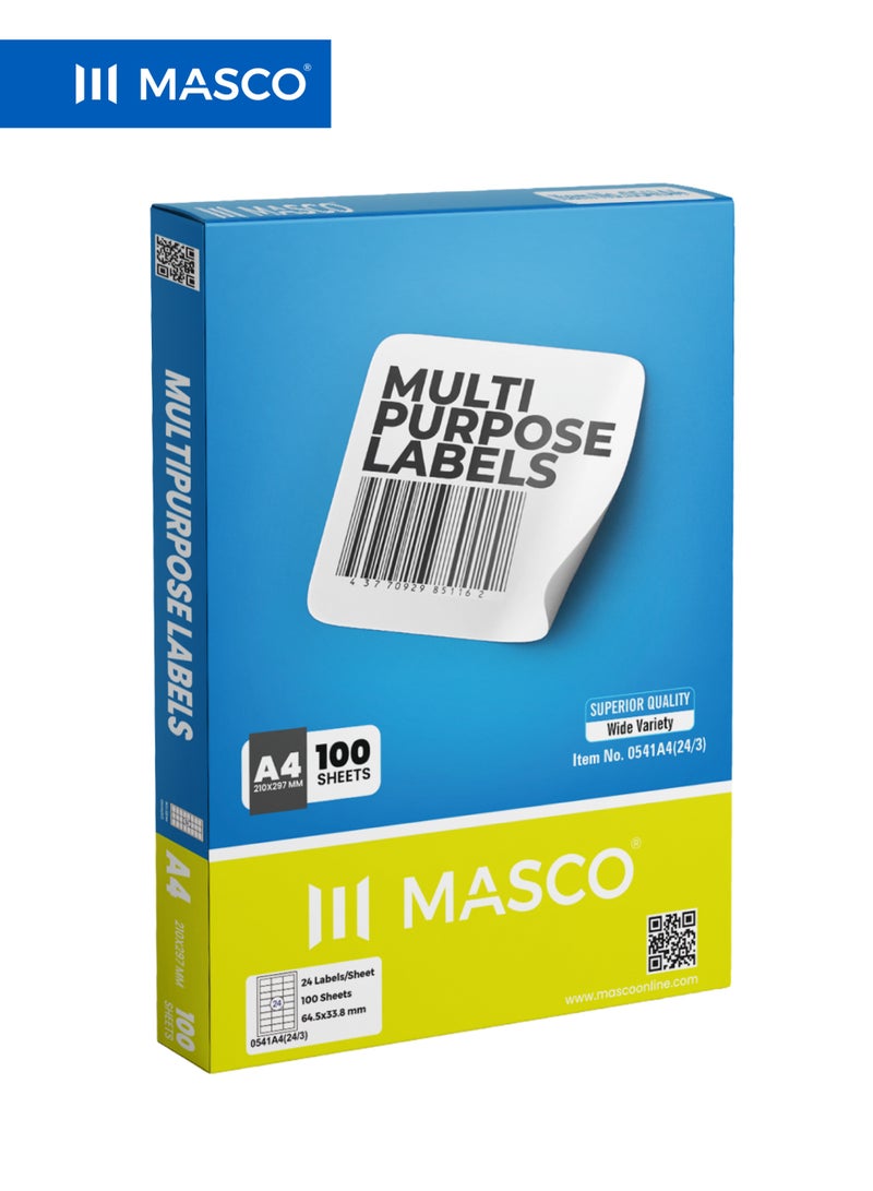 ماسكو ملصقات ذاتية اللصق متعددة الاستخدام A4، مقاس 64.5×33.8 مم، 24 ملصق لكل ورقة، 100 ورقة، متوافقة مع الطابعات - Image 1