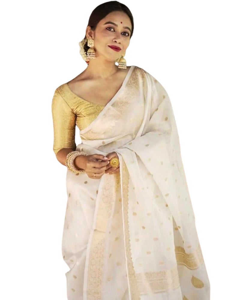 Vivatra Women Banarasi Soft Silk Saree | Jacquard Weaving with Rich Pallu & Border | Includ Matching Utitched Blouse Piece (VT-KP-6040-Off White) - Image 1