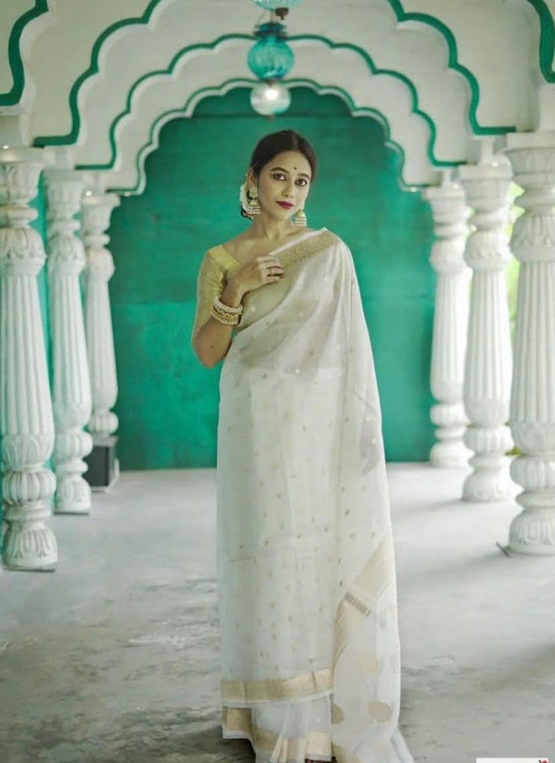Vivatra Women Banarasi Soft Silk Saree | Jacquard Weaving with Rich Pallu & Border | Includ Matching Utitched Blouse Piece (VT-KP-6040-Off White) - Image 2