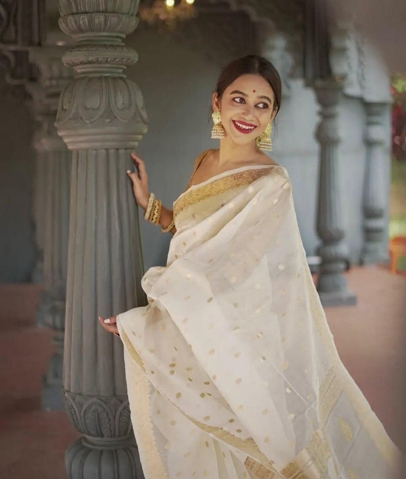 Vivatra Women Banarasi Soft Silk Saree | Jacquard Weaving with Rich Pallu & Border | Includ Matching Utitched Blouse Piece (VT-KP-6040-Off White) - Image 3