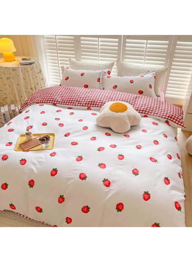 BlueBlue Strawberry Kids Duvet Cover Set Twin 100% Cotton Bedding for Boys Girls Teens Single Bed Cartoon Kawaii Red Strawberry Pattern 1 Fruit Comforter Cover 2 Pillowcase (Twin)  - Image 2