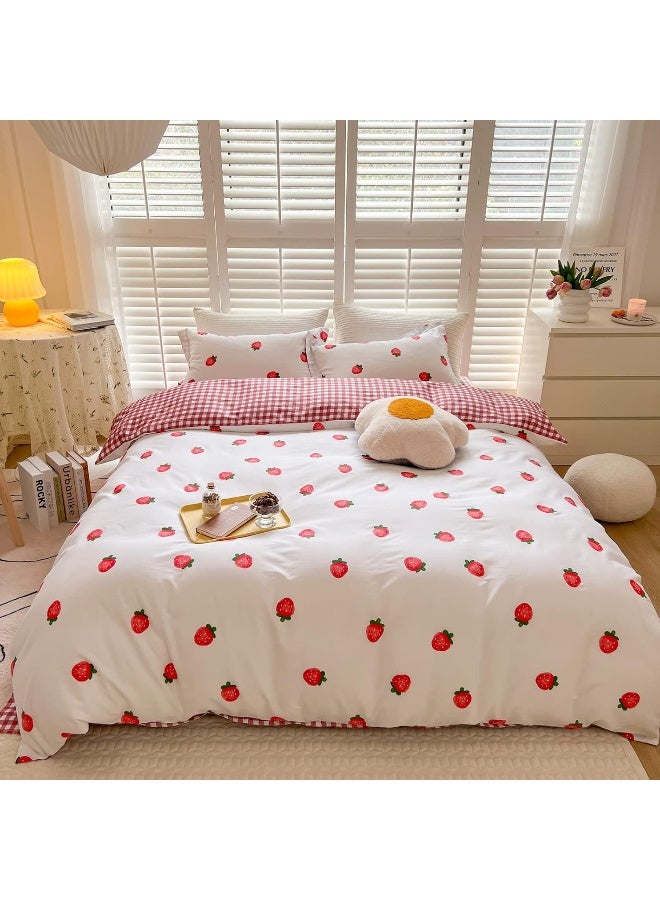 BlueBlue Strawberry Kids Duvet Cover Set Twin 100% Cotton Bedding for Boys Girls Teens Single Bed Cartoon Kawaii Red Strawberry Pattern 1 Fruit Comforter Cover 2 Pillowcase (Twin)  - Image 1