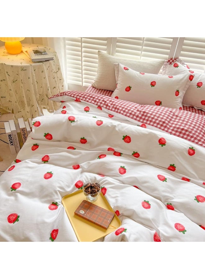 BlueBlue Strawberry Kids Duvet Cover Set Twin 100% Cotton Bedding for Boys Girls Teens Single Bed Cartoon Kawaii Red Strawberry Pattern 1 Fruit Comforter Cover 2 Pillowcase (Twin)  - Image 3