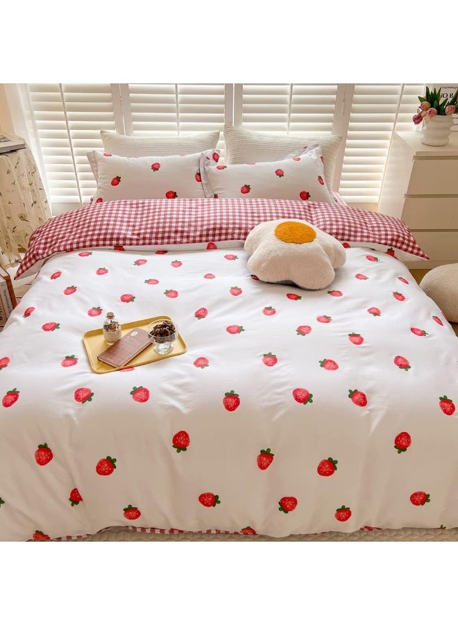 BlueBlue Strawberry Kids Duvet Cover Set Twin 100% Cotton Bedding for Boys Girls Teens Single Bed Cartoon Kawaii Red Strawberry Pattern 1 Fruit Comforter Cover 2 Pillowcase (Twin)  - Image 4