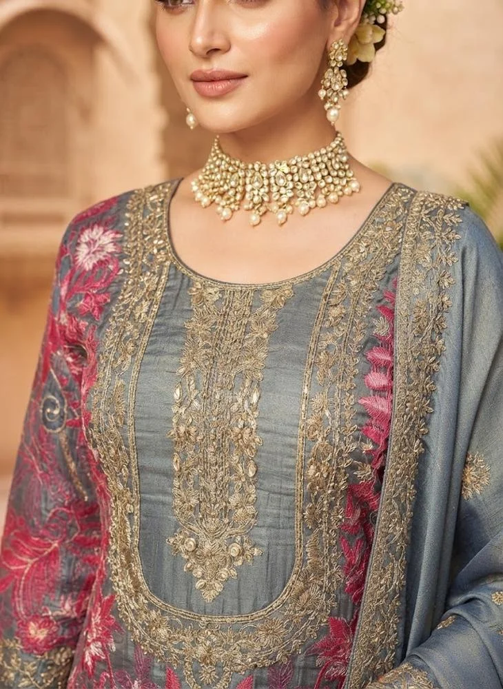 Viny VINY Grey 3-Piece Embroidered Sharara Suit Set – Women's Indian Ethnic Wear