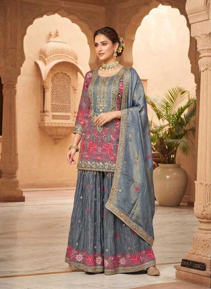 Viny VINY Grey 3-Piece Embroidered Sharara Suit Set – Women's Indian Ethnic Wear
