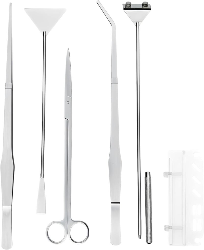 6 Pcs Stainless Steel Tools Set, Silver Aquarium Plant Kit with Algae Scraper, 15 in Tweezers, 11.8 in Scissors, 12.6 in Sand Spatula, Acrylic Holder - Image 1