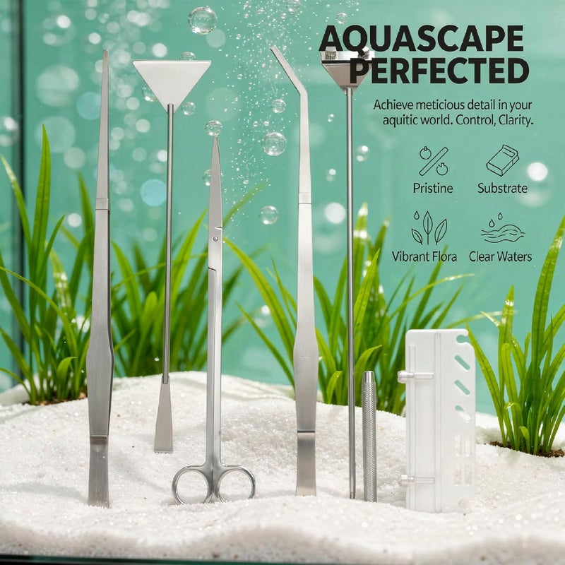 6 Pcs Stainless Steel Tools Set, Silver Aquarium Plant Kit with Algae Scraper, 15 in Tweezers, 11.8 in Scissors, 12.6 in Sand Spatula, Acrylic Holder - Image 2