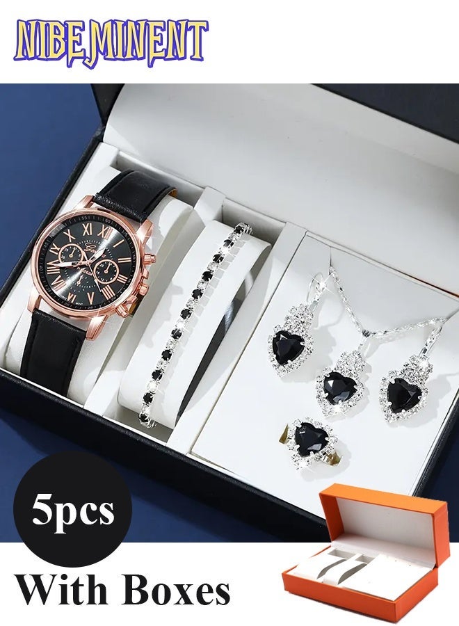 NIBEMINENT Fashionable Watch Set Elegant Women's Black Roman Quartz PU Faux Leather Watch And 5pcs of Heart Black Accessories Set Includes Boxes - Image 1