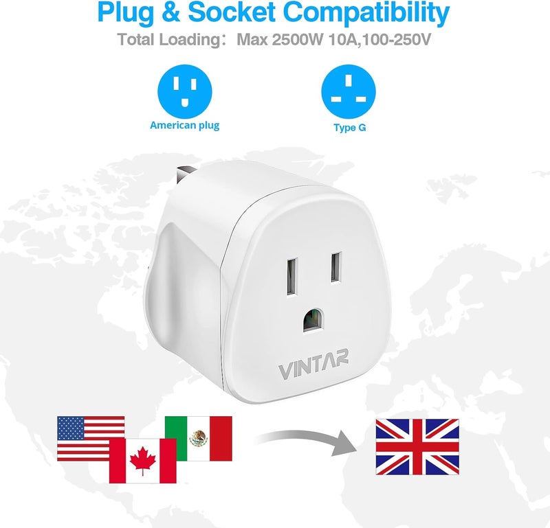 VINTAR US to UK Plug Adapter, Travel Adapter 10A Fused for America, Canada, Japan and More (Type A, B), 1 Pack - Image 2