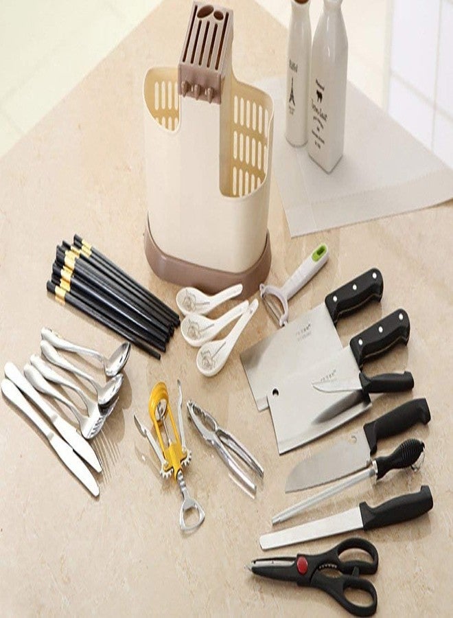 GALV Plastic And Fibre Multifunctional Utensils Cutlery Holder Shelf,Plastic and Fibre Cutlery Storage Holder Stand , Multifunctional kitchen utensil holder(Brown,Beig)(25 X 20 CM)(1 pcs) - Image 3