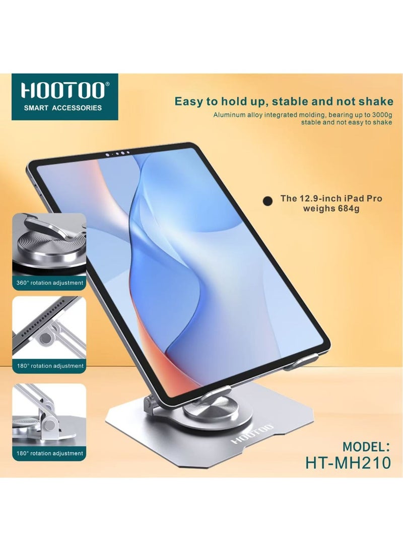 HooToo The iPad stand comes with a 360-degree rotating base. The iPad base features cooling vents in the aluminum plate to improve heat dissipation. The adjustable iPad desk stand is stable and non-slip. The tablet stand from the HOOTOO brand, model HT-MH210. - Image 5