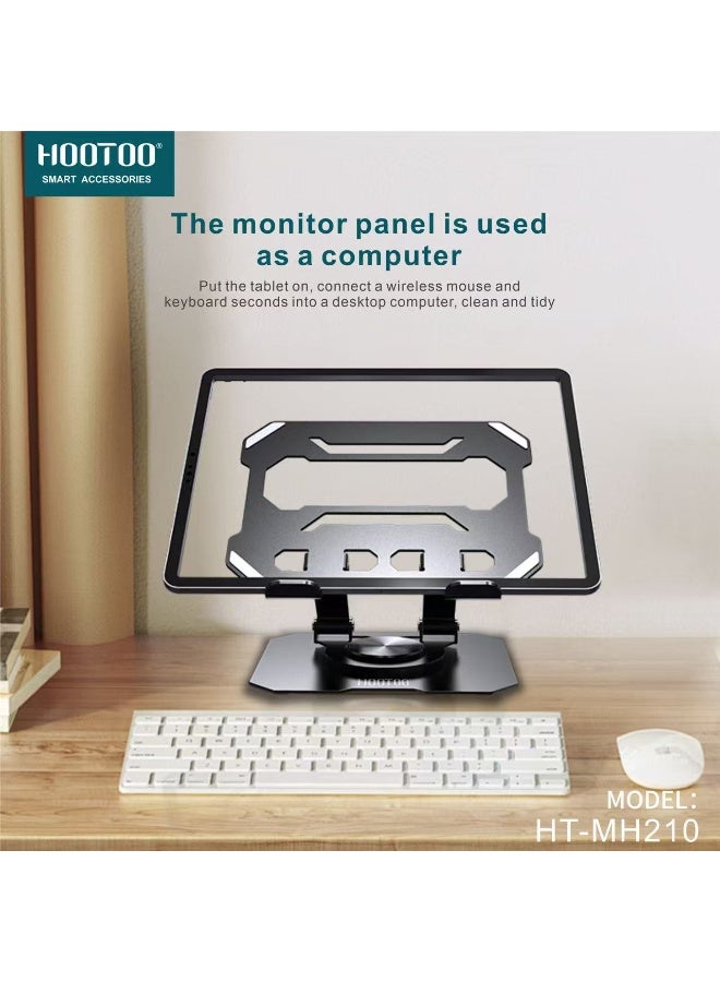 HooToo The iPad stand comes with a 360-degree rotating base. The iPad base features cooling vents in the aluminum plate to improve heat dissipation. The adjustable iPad desk stand is stable and non-slip. The tablet stand from the HOOTOO brand, model HT-MH210. - Image 4