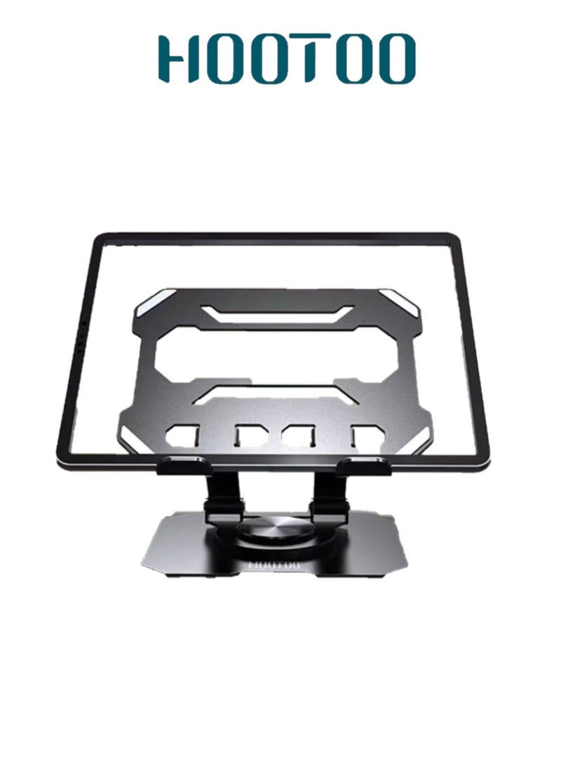 HooToo The iPad stand comes with a 360-degree rotating base. The iPad base features cooling vents in the aluminum plate to improve heat dissipation. The adjustable iPad desk stand is stable and non-slip. The tablet stand from the HOOTOO brand, model HT-MH210. - Image 1