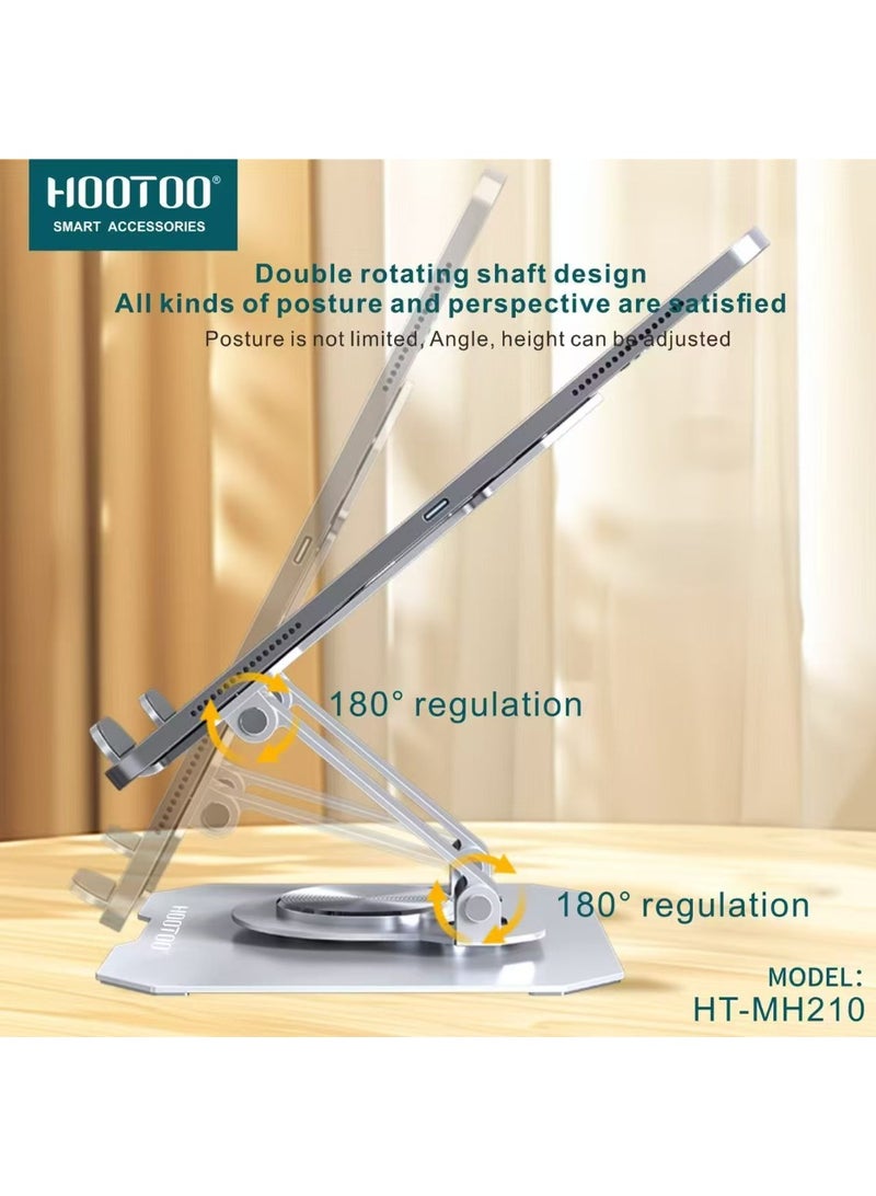 HooToo The iPad stand comes with a 360-degree rotating base. The iPad base features cooling vents in the aluminum plate to improve heat dissipation. The adjustable iPad desk stand is stable and non-slip. The tablet stand from the HOOTOO brand, model HT-MH210. - Image 2