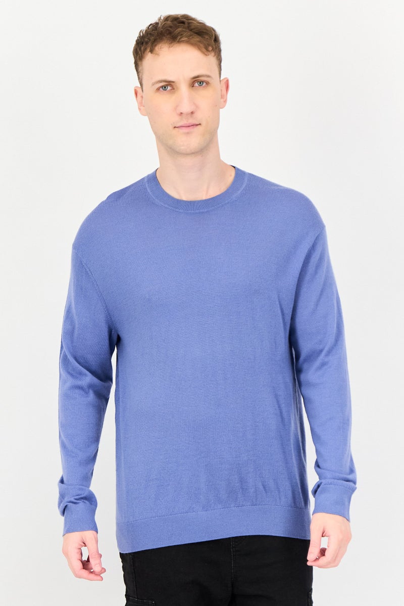 SELECTED Men Ribbed Collar Long Sleeve Textured Sweater, Light Blue - Image 1