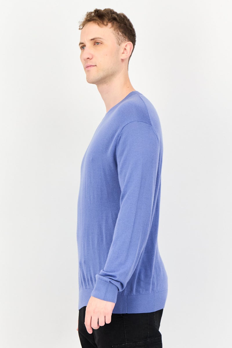 SELECTED Men Ribbed Collar Long Sleeve Textured Sweater, Light Blue - Image 2
