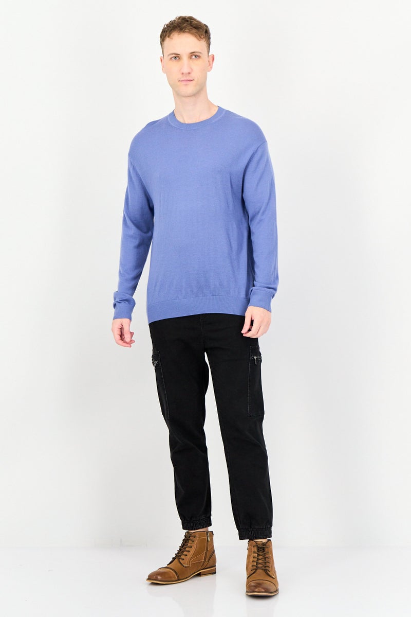 SELECTED Men Ribbed Collar Long Sleeve Textured Sweater, Light Blue - Image 4