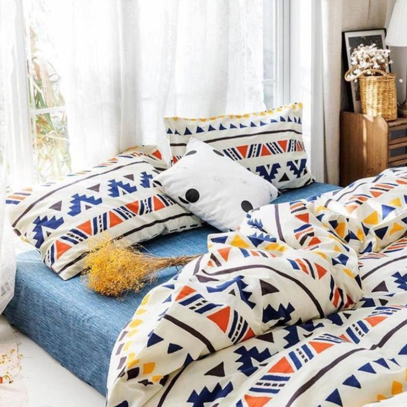 Flat Bed Sheet Set 4 Pieces Cotton Amreya Size 160cm - Geometric Shapes Multi Color - Includes 1 Sheet, 1 Pillow Case and 2 Khaddadia - Made in Egypt - Image 1