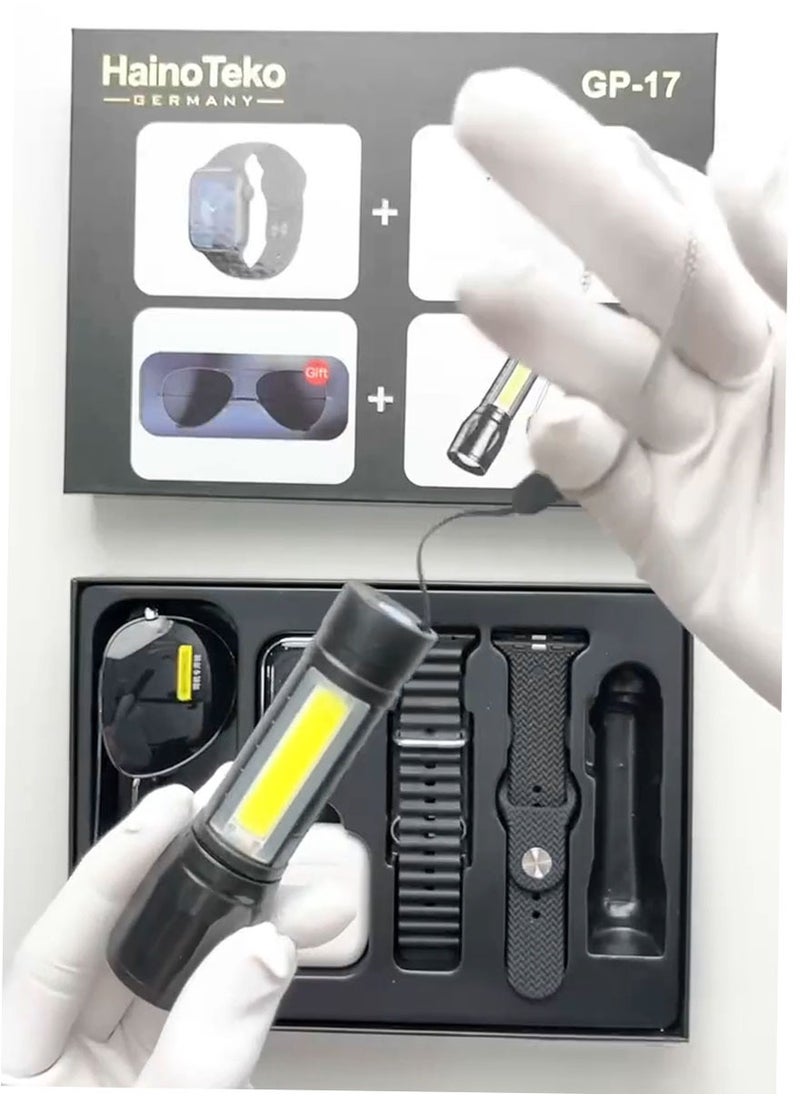 Haino Teko Germany GP17 Full Screen Display Series 9 Smart Watch Wireless Bluetooth Earphone LED Torch Lamp and Sun Glass Combo For Men