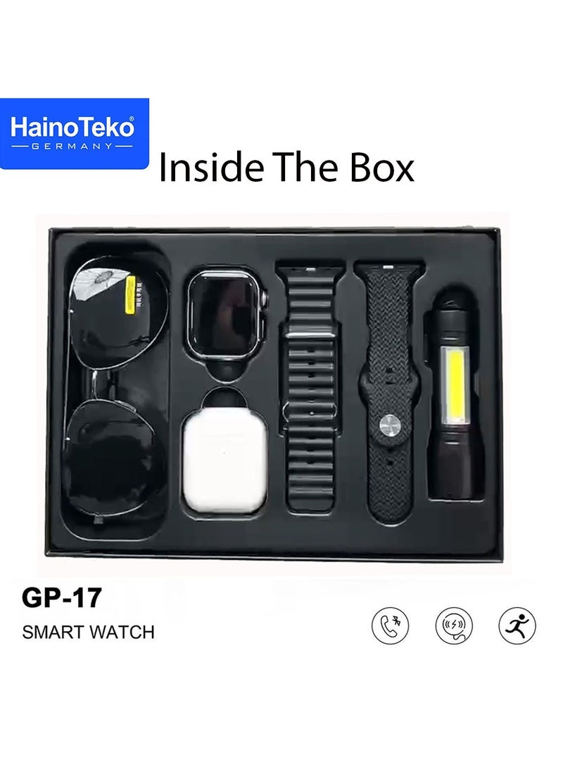 Haino Teko Germany GP17 Full Screen Display Series 9 Smart Watch Wireless Bluetooth Earphone LED Torch Lamp and Sun Glass Combo For Men