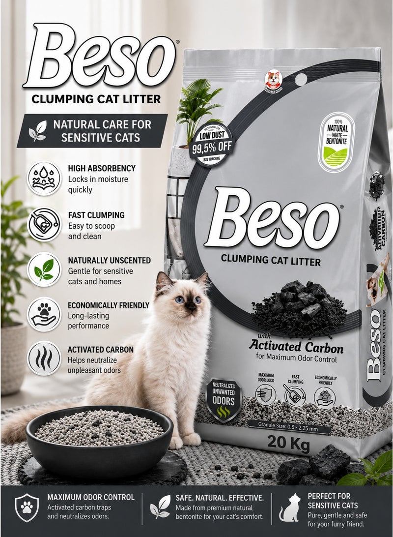 Premium Clumping Cat Litter with Activated Carbon 20KG Bag, Natural White Bentonite with Maximum Odor Control and 99.5% Dust Free Formula for a Fresh Home Environment