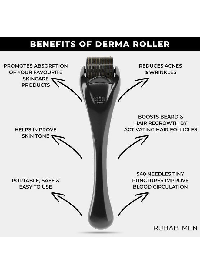 Rubab Men 1mm Derma Roller for Hair Growth | 540 Titanium Alloy Needles Activates Collagen & Follicles Growth Thereby Boosting Hair Regrowth & Better Facial Skin Tone | Comes with Travel Case