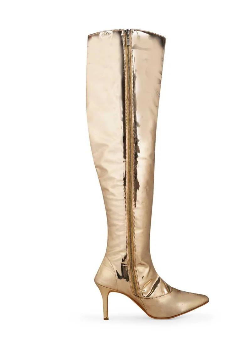 ZORIWORLD Gold Zori World EMJAY Gold Glossy Boots 3" Heel Patent Vegan for Women | Best Price UAE