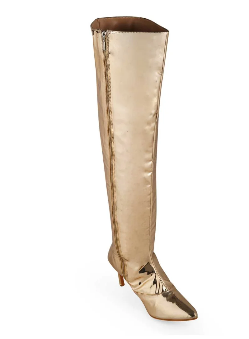 ZORIWORLD Gold Zori World EMJAY Gold Glossy Boots 3" Heel Patent Vegan for Women | Best Price UAE