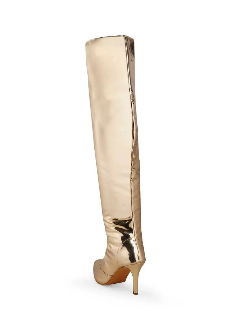 ZORIWORLD Gold Zori World EMJAY Gold Glossy Boots 3" Heel Patent Vegan for Women | Best Price UAE