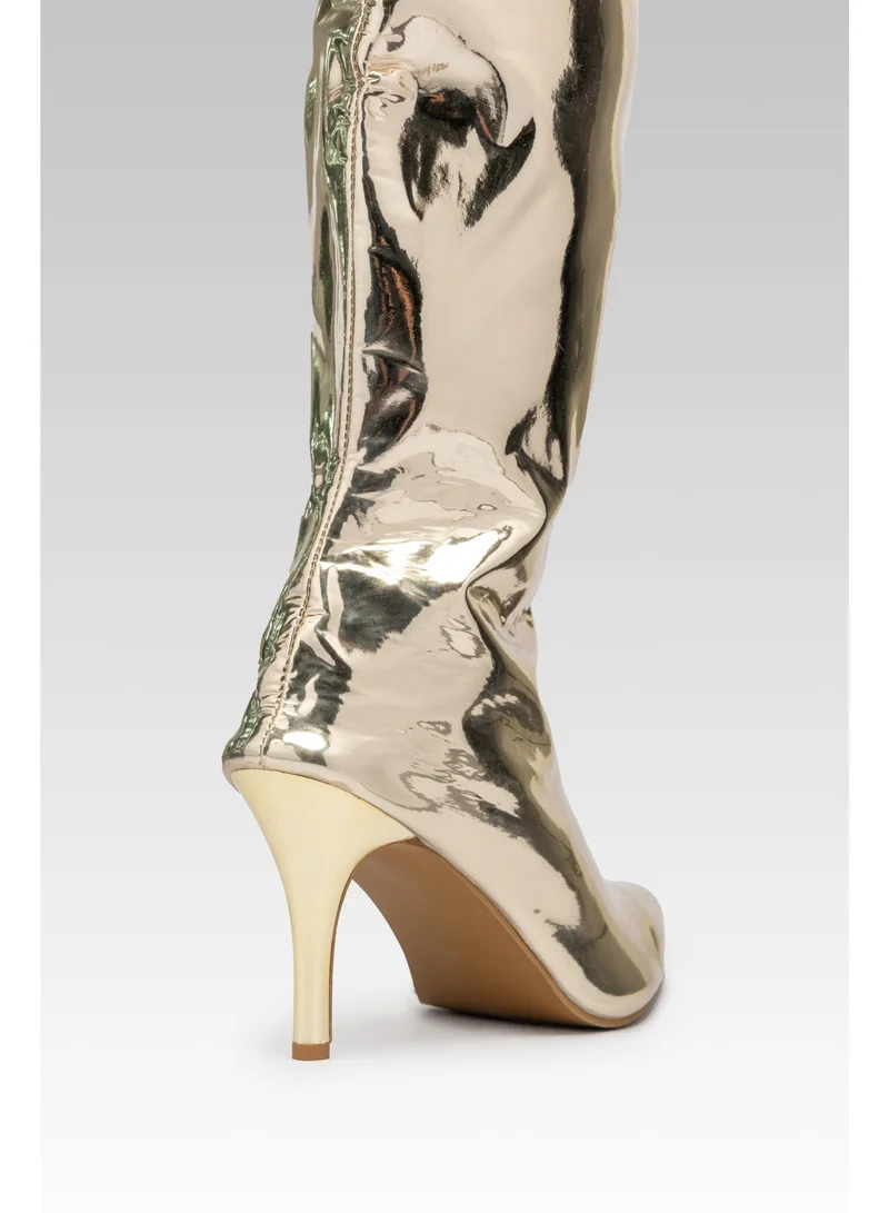 ZORIWORLD Gold Zori World EMJAY Gold Glossy Boots 3" Heel Patent Vegan for Women | Best Price UAE