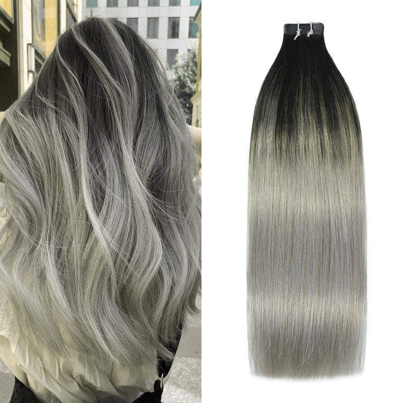 WindTouch Tape in Hair Extensions Balayage Ombre Hair Natural Black Fading to Gray Hair Extensions For Women Remy Hair Thick Skin Weft 14Inch 20pcs50g 1btGray Seamless Tape Ins