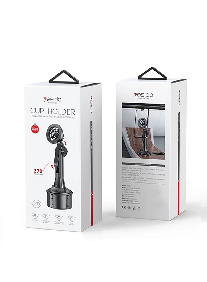 Yesido Magnetic Car Cup Holder Universal 270 Degree Rotation Magnetic Car Cup C200 Cellphone Holder Mount Cradle For iphone 12 & 15 Series Black - Image 1