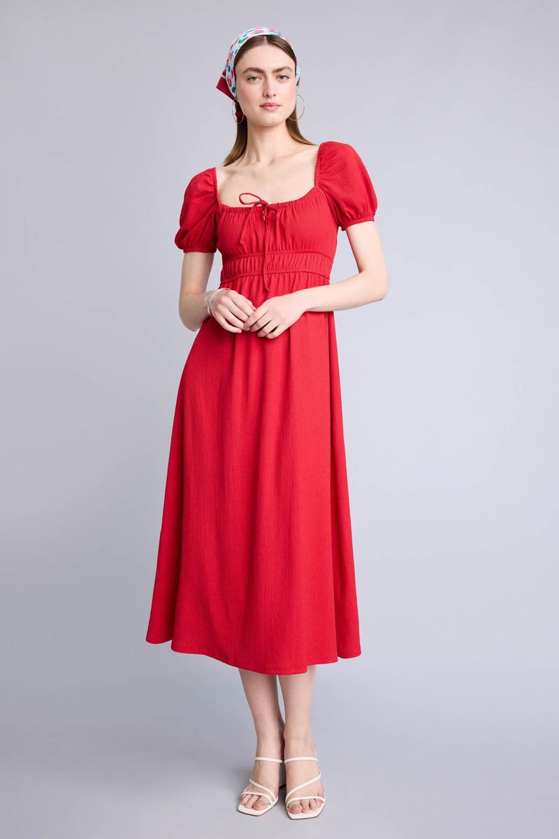 DeFacto Red Woman Square Collar Midi Dress Casual - Image 4