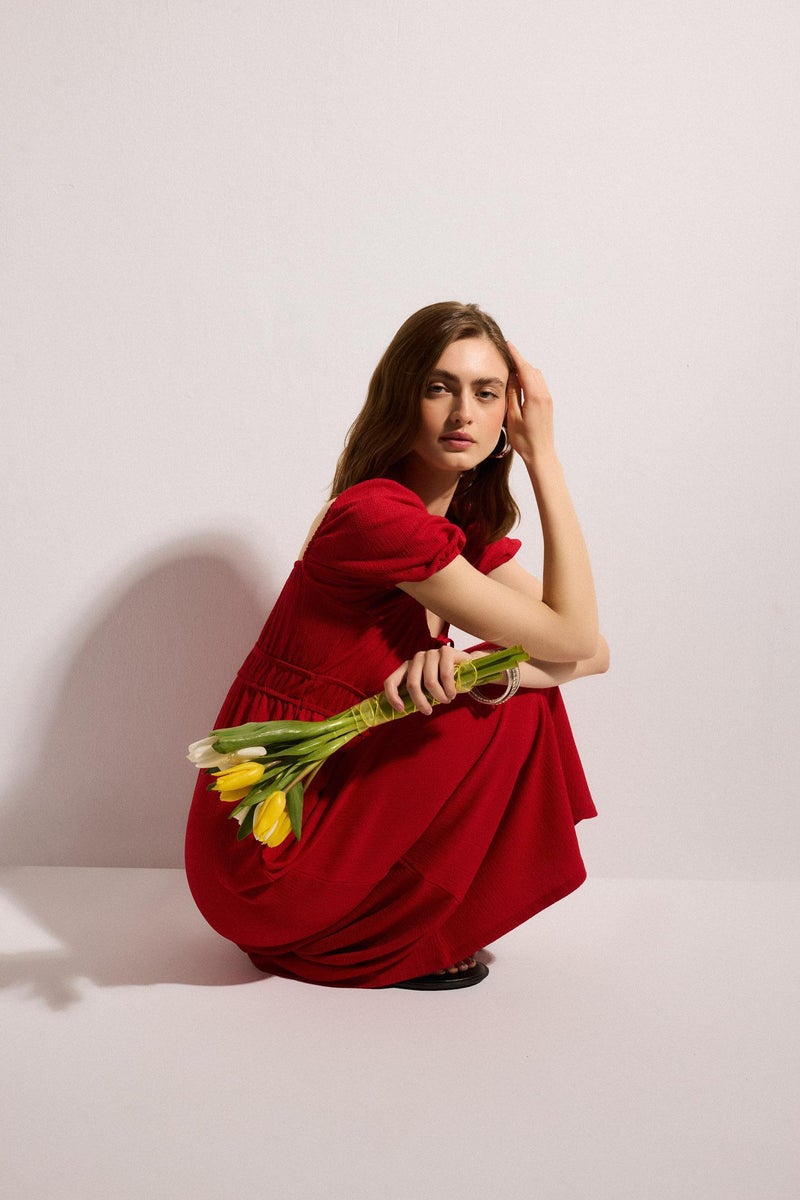 DeFacto Red Woman Square Collar Midi Dress Casual - Image 3