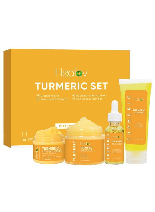 Healov Turmeric Skincare Set - Turmeric Skin Care Products Brightening & Acne - Turmeric Skin Care Kit, Turmeric Skin Care Set - Turmeric Cleanser, Body Scrub, Face Cream & Facial Serum - Image 1