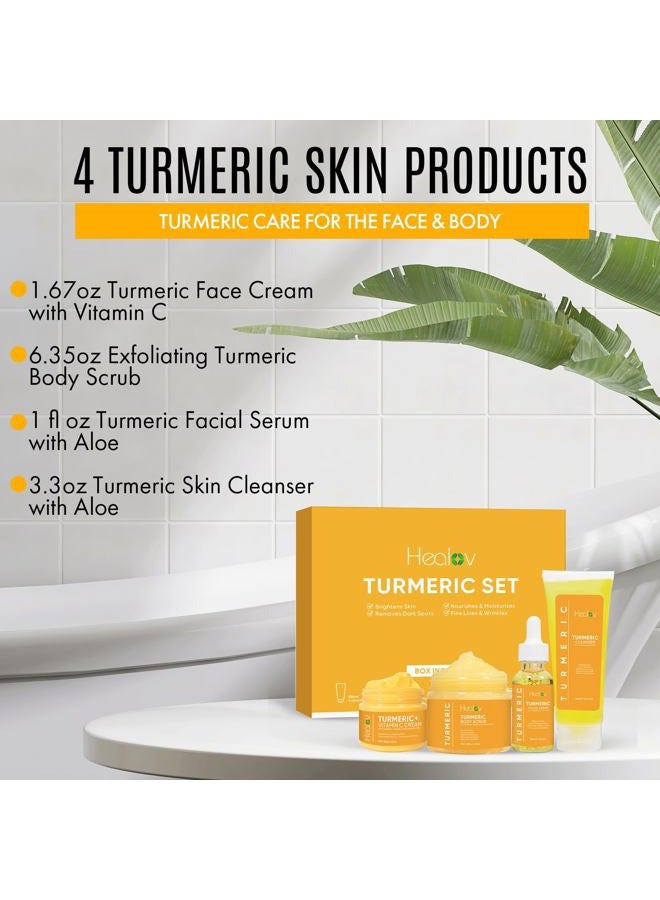 Healov Turmeric Skincare Set - Turmeric Skin Care Products Brightening & Acne - Turmeric Skin Care Kit, Turmeric Skin Care Set - Turmeric Cleanser, Body Scrub, Face Cream & Facial Serum - Image 2