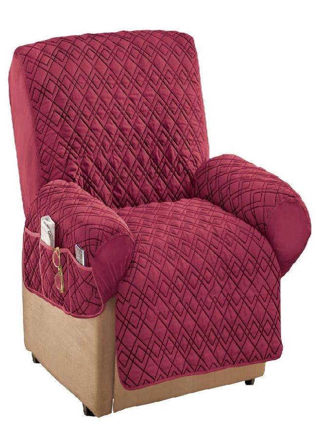 Collections Etc Collections Etc Diamond-Shape Quilted Stretch Recliner Cover with Storage Pockets - Furniture Protector, Burgundy, Recliner  - Image 2