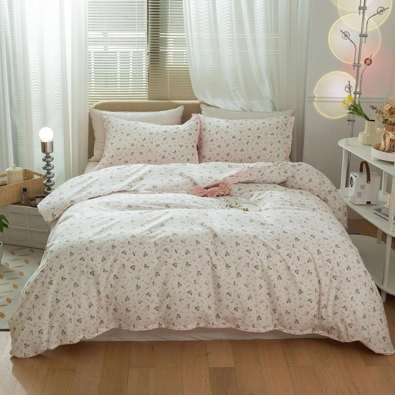 mixinni Girl Comforter Set Twin XL Pink White Flower Leaf Print Bedding Sets Cute Floral Bedding Comforter Sets for All Seasons1 Comforter2 Pillow ShamsTwin XL Size